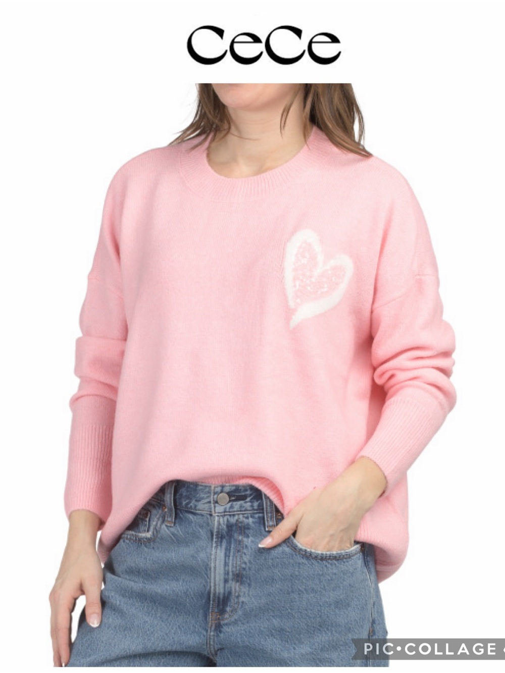 CECE sequins heart pink sweater cozy crew neck size Large NWT $79